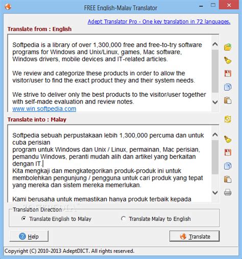 Free online translation from french, russian, spanish, german, italian and a number of other languages into english and back, dictionary with transcription, pronunciation, and examples of usage. FREE English-Malay Translator Download