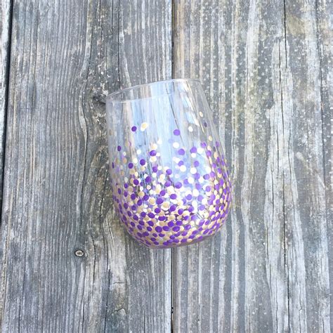 Handpainted Polka Dotted Stemless Wine Glass Gold And Purple Single Glass Stemless Wine Glass