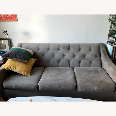 (2) fitted boxed pillows (2) 22 knife edge pillows (1) 18 x 26. Macy's Chloe Velvet Tufted Sofa in Grey - AptDeco