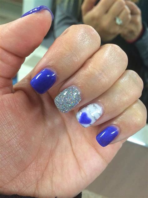 Royal Blue Nails Gel Silver Sparkles Hearts White Blue Nails Silver
