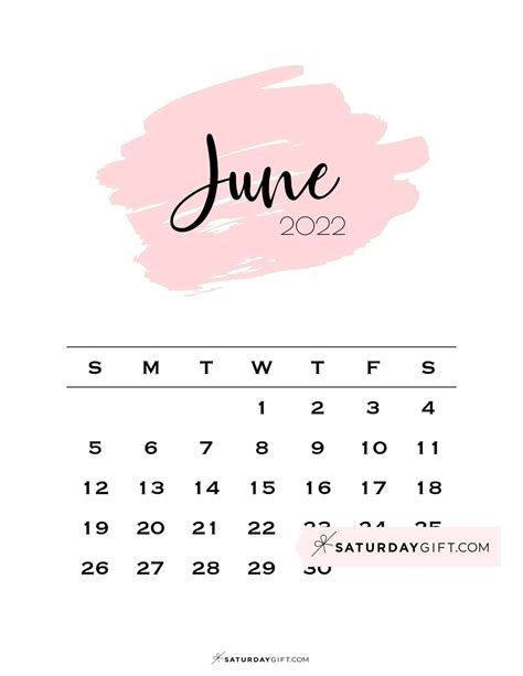 Cute And Free Printable June 2022 Calendar Saturdayt