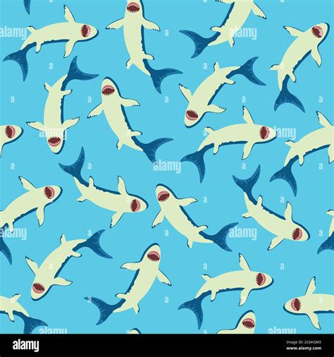 Seamless Pattern With Cute Little Cartoon Sharks Vector Illustration