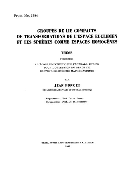 Groupes De Lie Compacts De Transformations De L ETH E