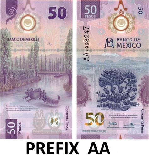 50 Pesos Bill Mexico Billete Uncirculated Prefix Aa Billete De 50