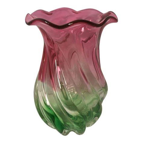 Murano Pink And Green Hand Blown Art Glass Vase Chairish