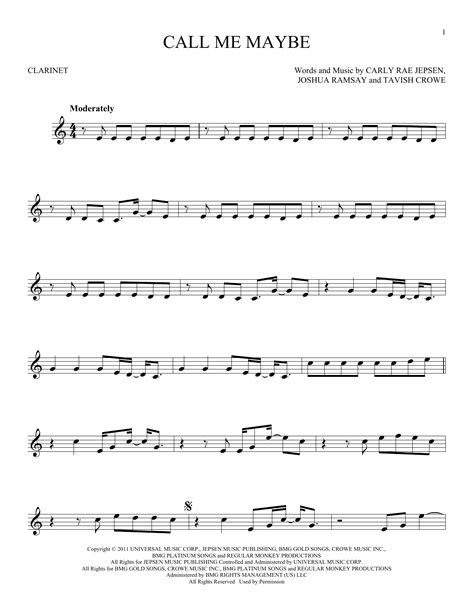 Call Me Maybe Sheet Music Carly Rae Jepsen Clarinet Solo