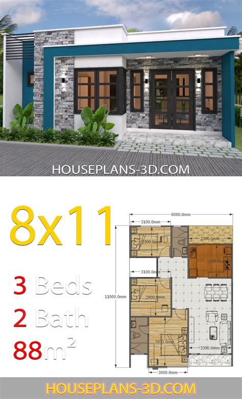 House Design 8x11 With 3 Bedrooms Full Plans House Plans 3d Cbd