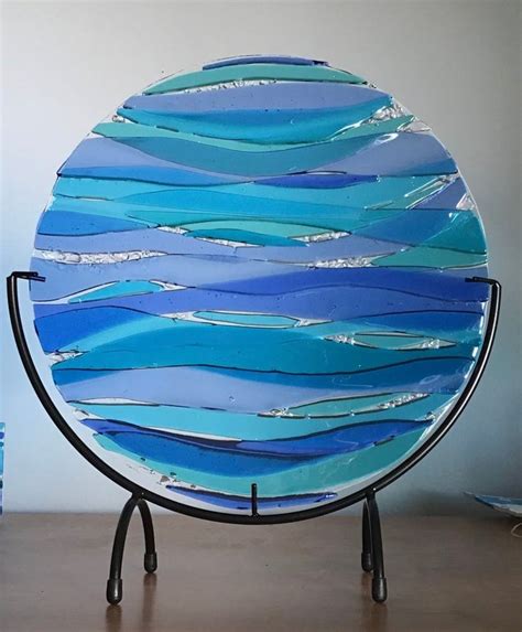 Stained Glass Abstract Ocean Waves Turquoise Fused Freestanding Panel