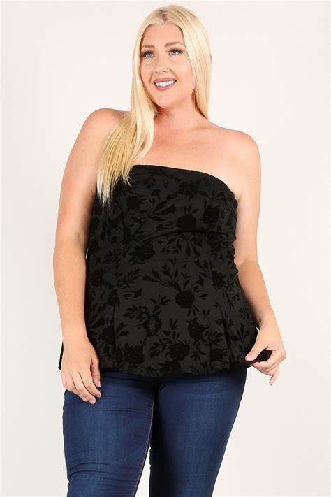 Plus size floral mesh flocking tube top with flare bodice-id