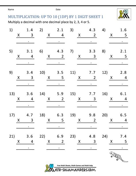 Free 5th Grade Math Sheets Multiplication 2 Digits Decimals Tenths By 1