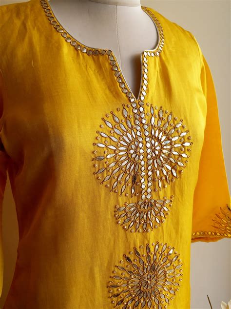 Yellow Gota Patti Kurta Neck Designs Embroidery Neck Designs Dress