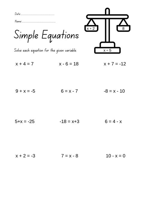 Free Printable Simple Algebra Worksheet Simple Math Equation