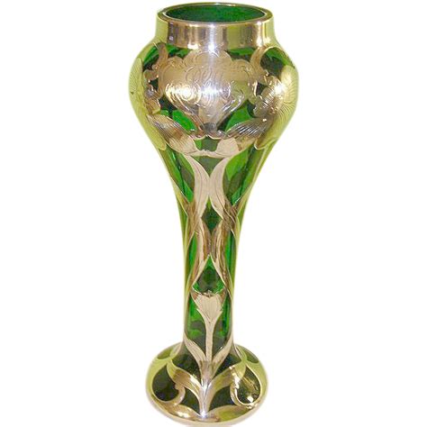 Art Nouveau Green Glass Vase Silver Overlay
