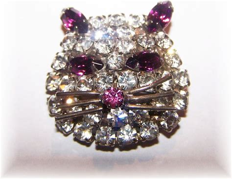 Pussy Cat I Love You Sweet Vintage Rhinestone Cat Face Pin Brooch Victorias Purrrrfect