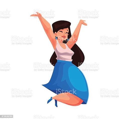 Cute Curvy Overweight Girl Jumping With Hands Raised Up Stock