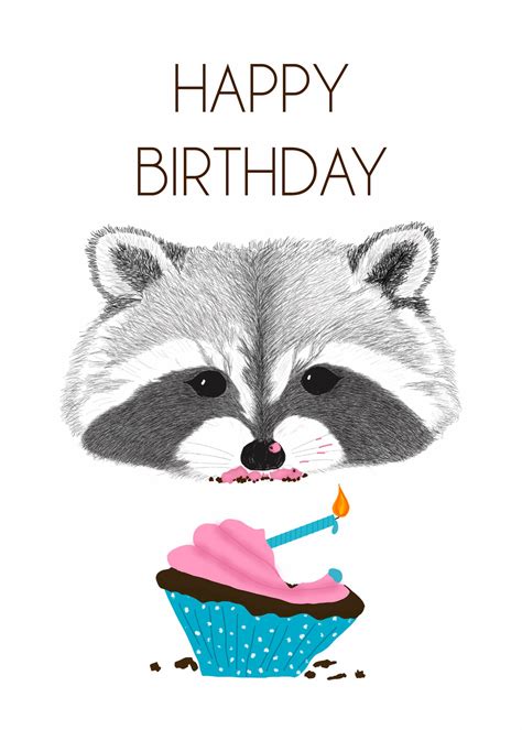 Raccoon Happy Birthday Printable Birthday Card Instant Etsy España