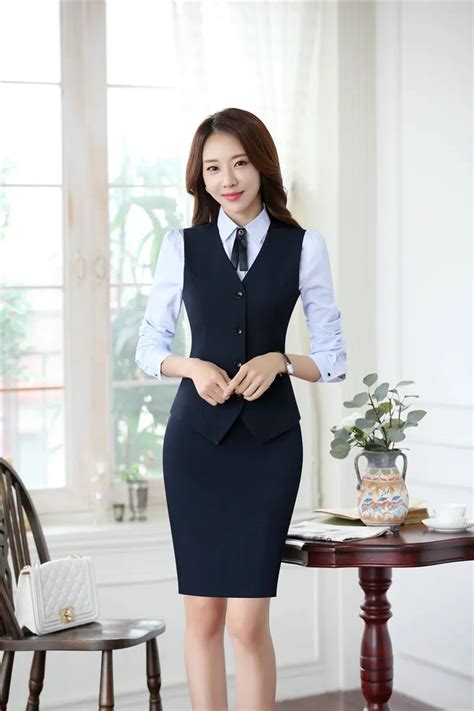 Formal Uniform Styles Skirt Suits With 2 Piece Tops And Skirt Ladies Vest Coat And Waistcoat