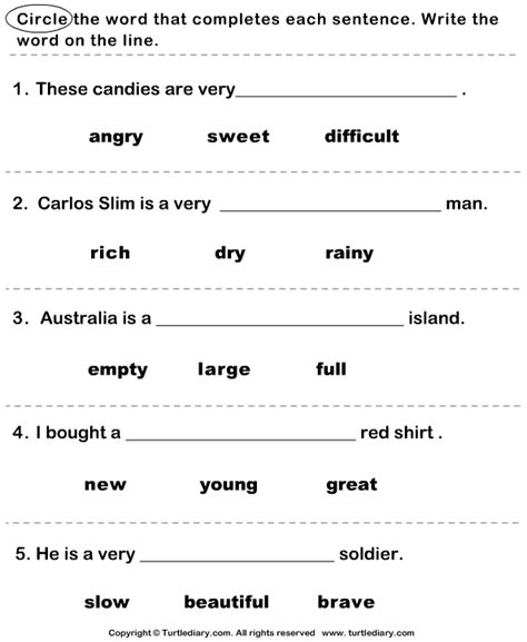 Complete The Sentence With Correct Adjective Turtle Diary Worksheet