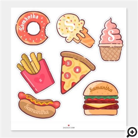 Fun Junk Food Cartoons Custom Name Monogram Sticker Moodthology Papery
