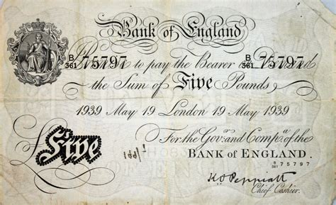 A Vintage Bank Of England White Five Pound Note Printed On One Side