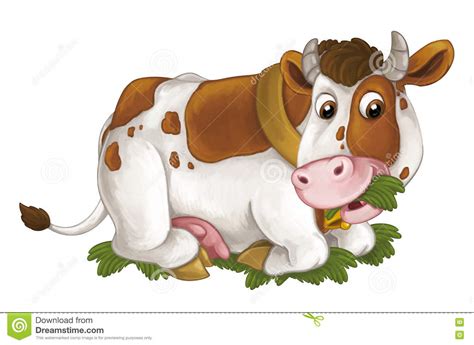 Cartoon Happy Cow Is Lying Down Resting Looking And Eating