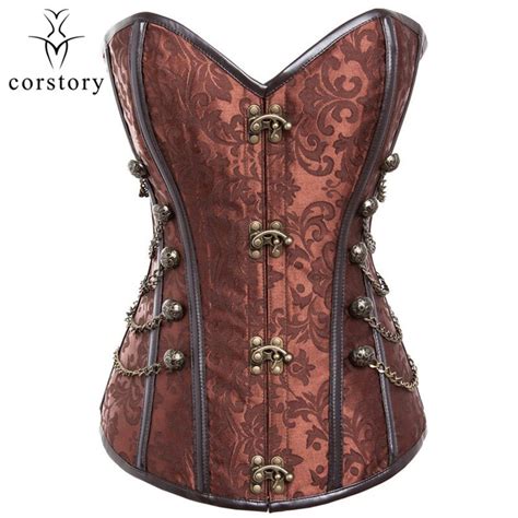 Corstory Brown Brocade Overbust Hourglass Corset With Steel Bonings And Vintage Buttons And Chains