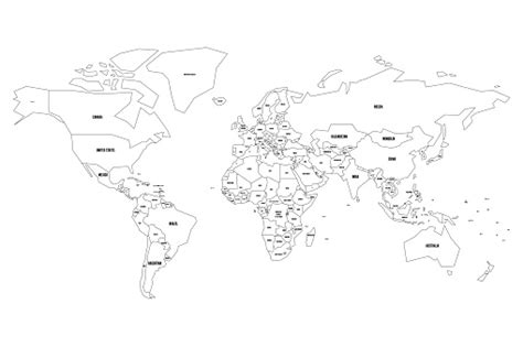 Simplified Vector Map Of World Thin Black Outline On White Background