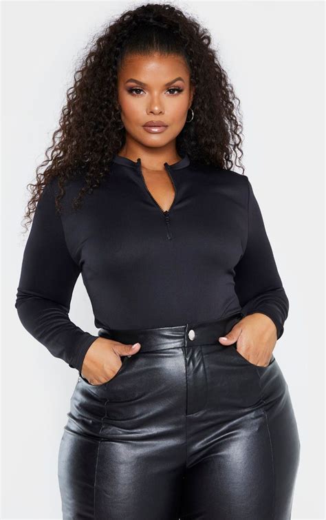 Plus Black Zip Detail High Neck Bodysuit In 2020 High Neck Bodysuit