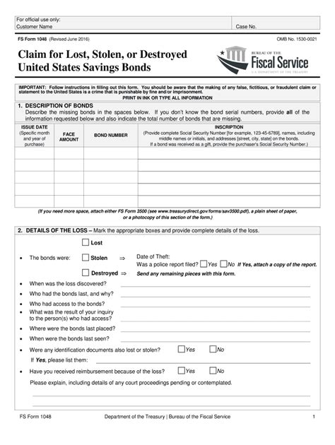 Fs Form 1048 Claim For Lost Stolen Or Destroyed United Fill Out And