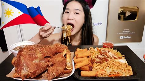 Eating Filipino Food Crispy Pata Pancit Canton Guisado Spring Rolls Noodles Mukbang Asmr