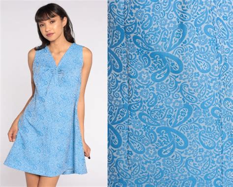 60s Paisley Dress Mod Blue Psychedelic Print Mini Dre Gem