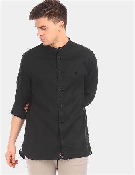 Buy Tommy Hilfiger Men Men Black Mandarin Collar Linen Casual Shirt