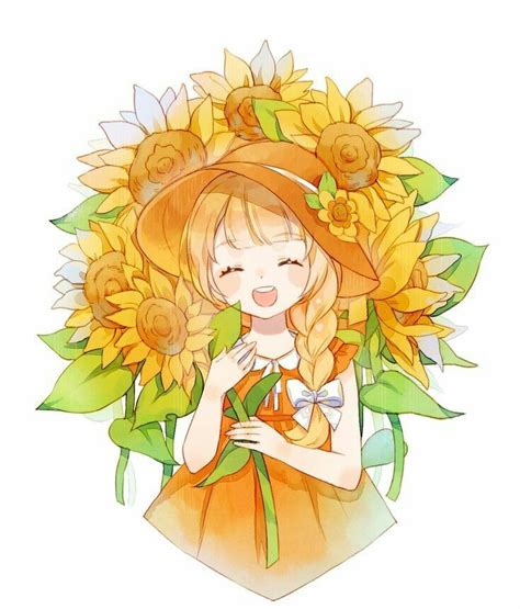 Anime Cute Anime Sunflower Girl Drawing