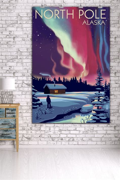 North Pole Alaska Northern Lights And Cabin Lantern Press Poster Art