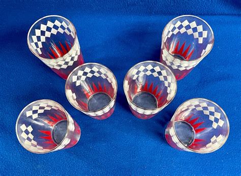Set of 6 Vintage Retro MCM Midcentury Mod Red and White Geometric Print