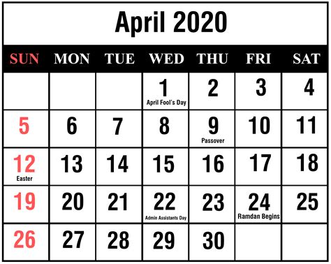 ️free April 2020 Printable Calendar Template With Holidays Pdf Excel