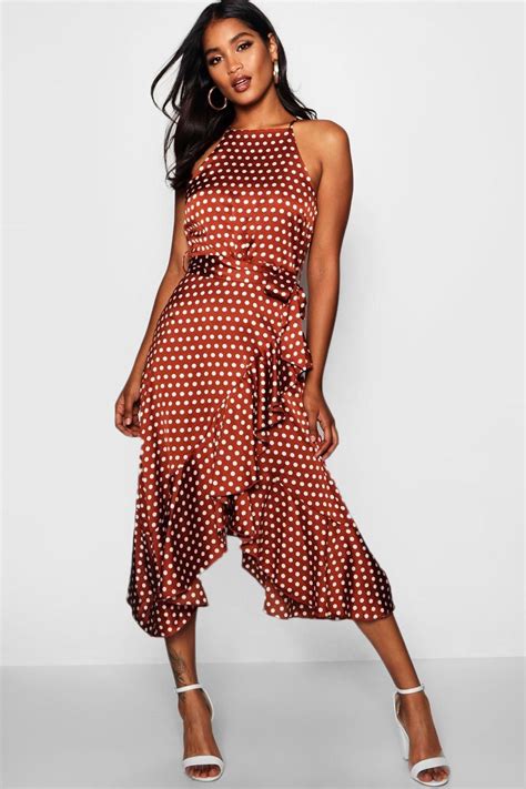 Satin Polka Dot Frill Detail Midi Dress Платья миди Модные образы