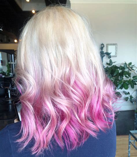 Hot Pink Dipped Ends Pink Blonde Hair Pink Hair Hidden Hair Color