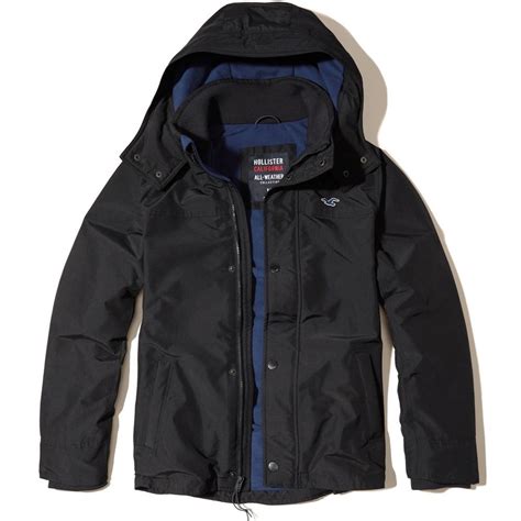 hollister by abercrombie all weather coat jacket men s black hooded fleece m