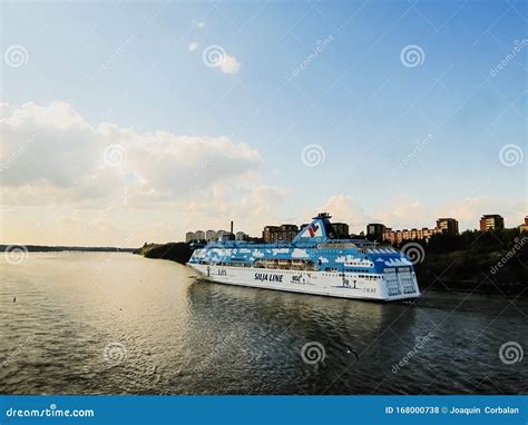 Ferry of the Company Silja Line Entering a City Near the Baltic Sea