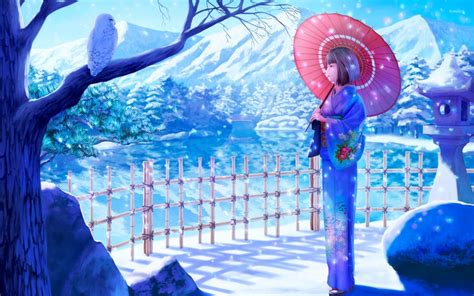 Geisha With A Red Umbrella On A Beautiful Winter Day Wallpaper Anime