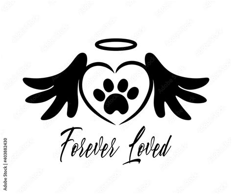 Black Vector Heart Silhouette With Angel Wings Halo And Pets Paw
