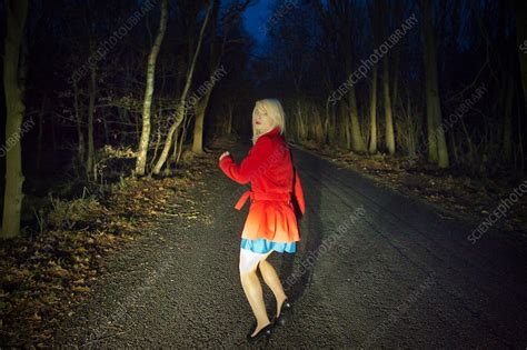 Woman Running In Fear In Woods At Night Stock Image F0052808