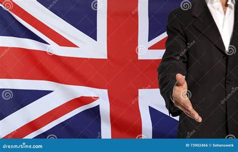 Open Hand And Great Britain Flag In The Background Stock Photo Image