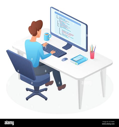 Programming Isometric Man Vector Illustration Male Coder Sitting
