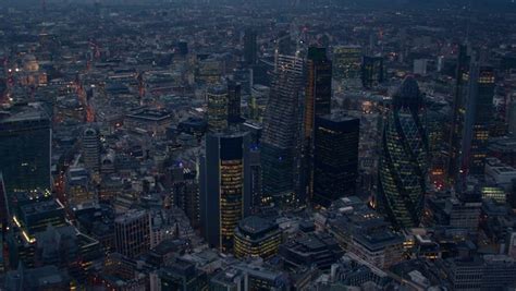 Dramatic Early Evening Aerial Shot Over The City Of London Financial