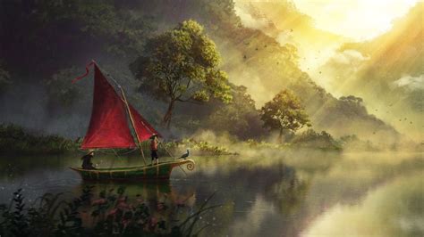 Wallpaper Boat River Art Fog Dawn Hd Picture Image