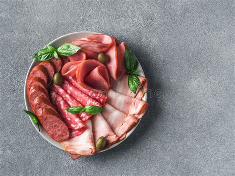 Cold Smoked Meat Platter On White Stock Image Image Of Basil Bacon