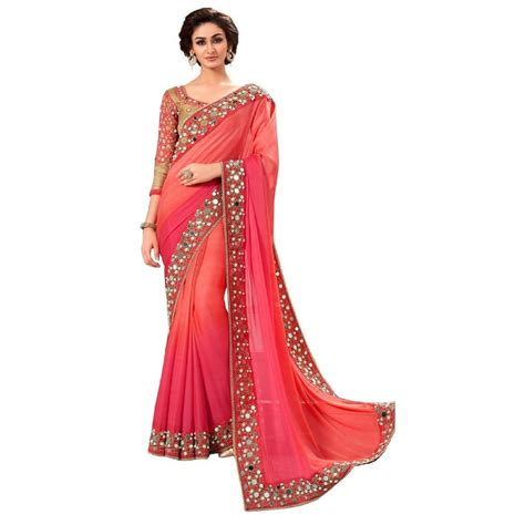 meera fashion gorgeous beautiful pink mirror work saree at rs 699 plain georgette sarees in
