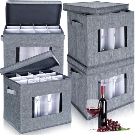 Uiifan 4 Pcs Wine Glass Storage Box With Dividers 12 Compartments Stemware Storage